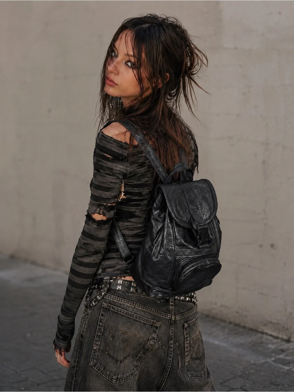Vintage Y2K Black Genuine Leather Mini Backpack Made in Mexico 90s Grunge
